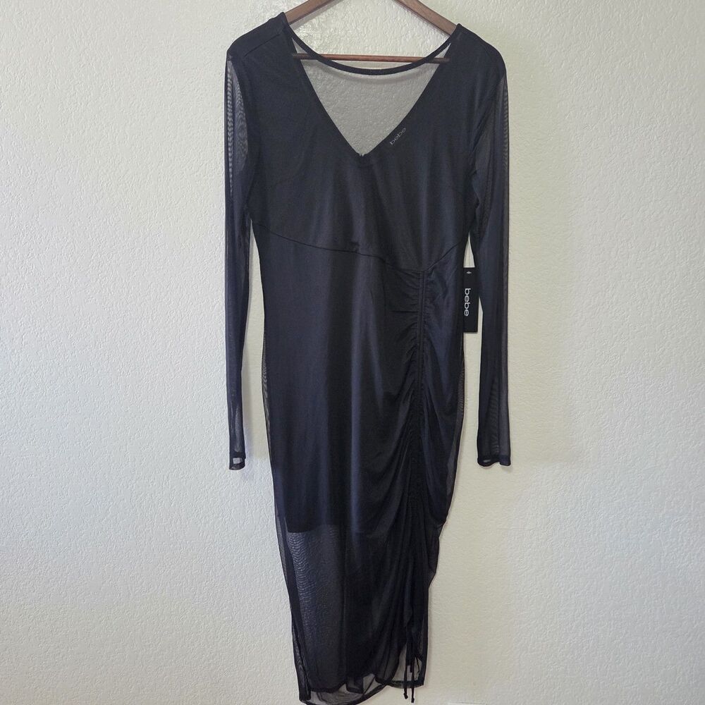 NWT Bebe 701782A Mesh Long Sleeve Vneck Illusion Midi Dress Black Size Large